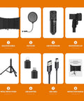 Studio Recording Microphone With Isolation Shield, Pop Filter And Metal Tripod Stand, Plug And Play USB Mic For PC Laptop And Smartphone, Perfect For Singing, Podcasting, Streaming And Home Studio Setup in orange layout with parts labeled.