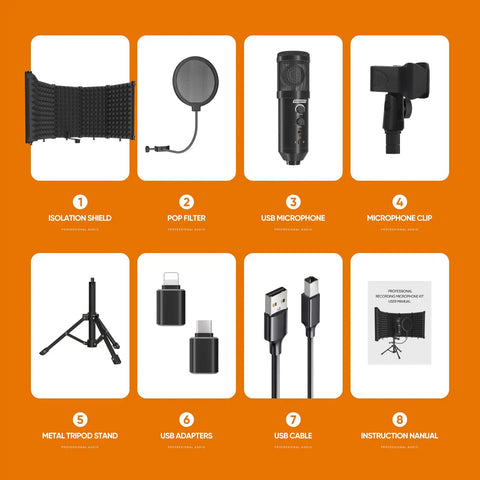 Studio Recording Microphone With Isolation Shield, Pop Filter And Metal Tripod Stand, Plug And Play USB Mic For PC Laptop And Smartphone, Perfect For Singing, Podcasting, Streaming And Home Studio Setup in orange layout with parts labeled.