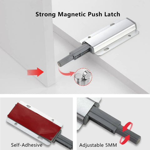 Premium Push To Open Magnetic Latch showing self-adhesive and adjustable design for seamless cabinet installation.
