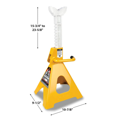 Ratchet Style Jack Stand Set For Lifting Vehicles During Maintenance Heavy Duty 6 Ton Capacity Easy Height Adjustments Yellow Durable Steel Construction For Safe Vehicle Support with height measurements visible.
