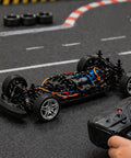 Ten Pack 48mm Toy Car Rubber Wheels With 5 Shaft Axles for RC, showing RC car on a track with remote control.