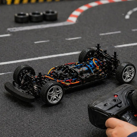 Ten Pack 48mm Toy Car Rubber Wheels With 5 Shaft Axles for RC, showing RC car on a track with remote control.