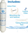 Inline Refrigerator Water Filter With Lead And Scale Protection, 1500 Gallon Capacity, includes locking clips and mounting clip