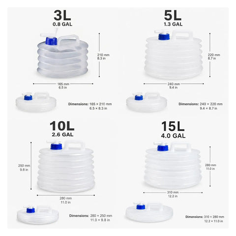 Collapsible Water Jug With Spigot 10 Liter Foldable Camping Bottle BPA Free Portable Water Storage Cube With Handle sizes 3L to 15L
