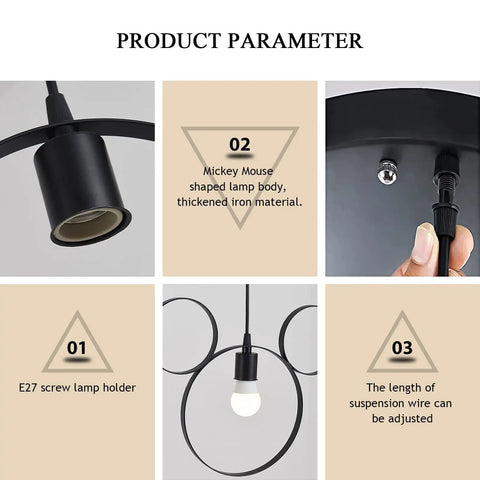 Cartoon Mouse Pendant Light Three Heads Iron Chandelier with E27 holder, adjustable sling, black wrought iron design.