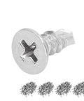 Close-up of a screw from the 200 Pcs Self Drilling Screws Set With Countersunk Cross Head Stainless Steel Full Thread Fasteners For Wood And Metal M4.2-18 13mm Length No Pre Drill Needed Easy Install Hardware Kit.