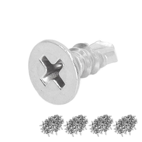 Close-up of a screw from the 200 Pcs Self Drilling Screws Set With Countersunk Cross Head Stainless Steel Full Thread Fasteners For Wood And Metal M4.2-18 13mm Length No Pre Drill Needed Easy Install Hardware Kit.