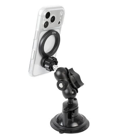 Heavy-Duty 1-Inch To 17mm Ball Adapter With 2.36-Inch Short Double Socket Arm For RAM B-Size Mounts Garmin GPS And 17mm Swivel Ball Phone Mounts Aluminum Alloy With Rubber-Coated Ball For Rock-Solid Stability mounted to phone holder on suction cup base