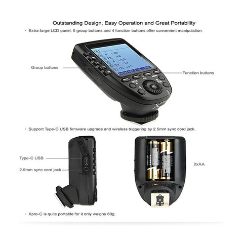 XProC Canon TTL Wireless Flash Trigger with large screen slanted design and five pro-grade group buttons, side and rear view