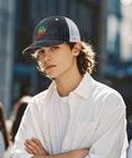 Man wearing Men's Vintage Trucker Cap With Adjustable Buckle One Size Fits Most outdoors, urban background