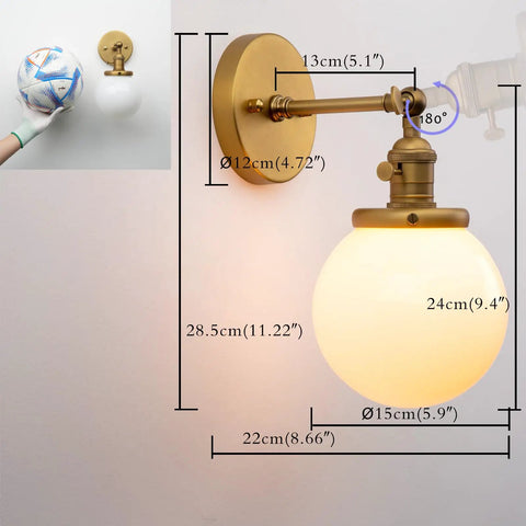 Vintage Wall Sconce Lighting Fixture With 5.9-Inch Round Milk White Hand Blown Glass Globe Shade and Antique Brass Finish Measurements