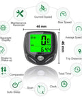 Wireless Bike Speedometer And Cycle Computer With LCD Display showing features and 46mm size, green screen interface visible.
