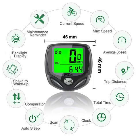 Wireless Bike Speedometer And Cycle Computer With LCD Display showing features and 46mm size, green screen interface visible.