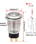 Diagram showing Red LED Buzzer Alarm Indicator Light For 12V Systems in stainless steel housing with dimensions and circuit diagram.