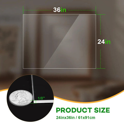 Two Pack Plexiglass Sheets One Eighth Inch Thick 24 By 36 Clear Plastic Panels showing dimensions and thickness with a coin scale