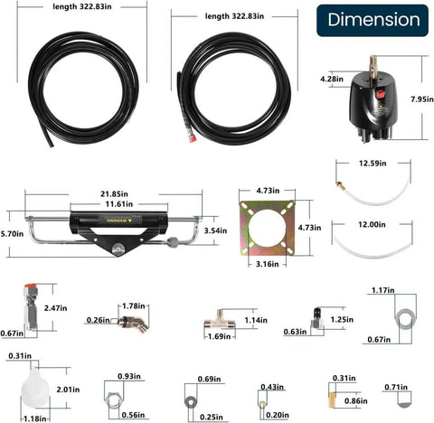 150HP Hydraulic Outboard Steering Kit For Boats Marine System, showing components with dimensions, including hoses and pump.