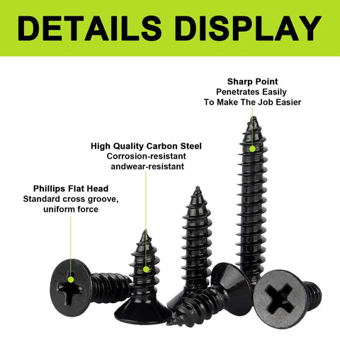 Size Four Flat Head Wood Screws Assortment Kit, 420 Pieces, Black Phillips Short Screws, Carbon Steel, For Cabinet Hinge Mounting And Electronics DIY Micro Screws Fasteners Set, Includes 20 M6 Screw Anchors details display with sharp points