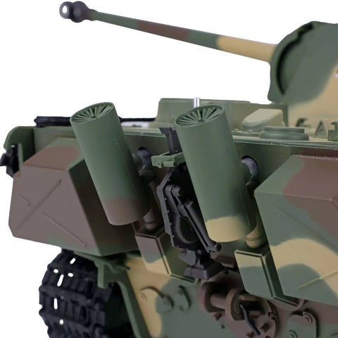 Close-up of 1 16th Scale Panther G RC Tank With Infrared Combat And Hull Recoil, showing rear, camouflage details, and exhaust pipes.