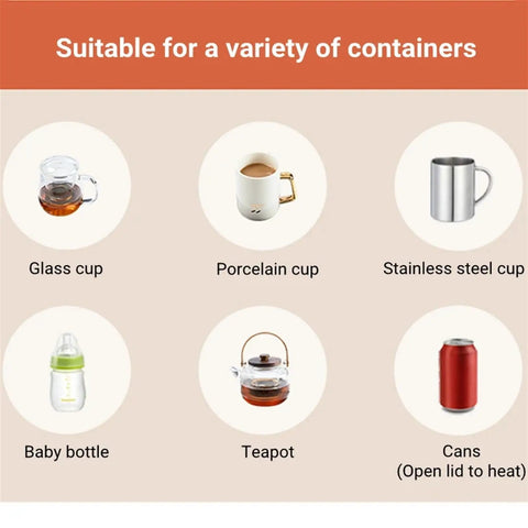 Smart Cup Heater And Mug Warmer With Three Adjustable Levels And Auto Timing Off Keeps Your Daily Brew Piping Hot, showing various container types.