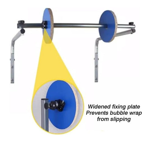 Heavy Duty Wall Mount Bubble Wrap Dispenser Features Solid Galvanized Steel Rack That Grips Large Cushioning Rolls Tight For Packing Stations And Shipping Jobs In Warehouse Settings, showing a widened fixing plate.