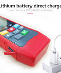 Knock It Out Of The Park With This Heavy Duty 4 In 1 Wall Scanner, close-up of red device with charging port and buttons.