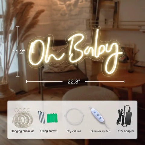 Oh Baby Neon Sign For Baby Shower And Photo Backdrop, LED neon light with adjustable brightness and dimensions 22.8x11.2 inches