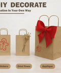 DIY decorated kraft paper bags with red bow, gingerbread sticker, and dried flowers. Extra Large Kraft Paper Bags With Handles 14x10x16 Inches Pack Of 200 Heavy Duty Brown Shopping Bags For Grocery Gift And Retail Carry Bags Ideal For Restaurants Takeout And Shops Eco Friendly Recyclable.