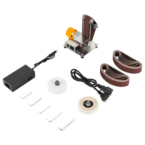 Table Top Mini Belt Sander And Electric Bench Grinder With Reversible Variable Speed Controls Made For Smooth Woodworking Metal Polishing And DIY Crafts Compact Power Tool showing components and accessories.