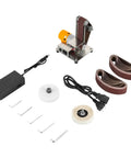 Top Shelf Mini Belt Sander With Variable Speed And Badass Steel Frame Comes With Twenty Abrasive Belts, detailed view with accessories and sanding belts.