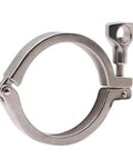 Stainless steel sanitary clamp with single pin for 4-inch tube OD, clover-style tri-clamp.