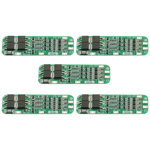 Five Badass 3S Battery Management System modules, 20 Amp Li Ion and Lipo Cell Balance Protection, for 18650 battery packs.