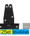 Rock Solid Heavy Duty Black T Shape Iron Hinges Built Like A Tank For Sliding Barn Doors And Fences With Silent Glide Galvanized Coating Quick Snap Install Two Pack Measures Approx 95 By 64 Mm Each, showing two black iron hinges with screws.