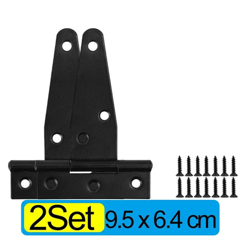 Rock Solid Heavy Duty Black T Shape Iron Hinges Built Like A Tank For Sliding Barn Doors And Fences With Silent Glide Galvanized Coating Quick Snap Install Two Pack Measures Approx 95 By 64 Mm Each, showing two black iron hinges with screws.