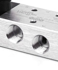 Close-up of 5 Way 2 Position Hand Lever Pneumatic Valve With One Quarter Inch NPT Inlet And Outlet Ports, aluminum body detail.