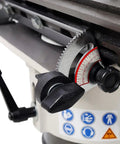 Detail view of the adjustable precision tool rest on the Built Like A Tank Cast Iron 6 Inch Bench Grinder.