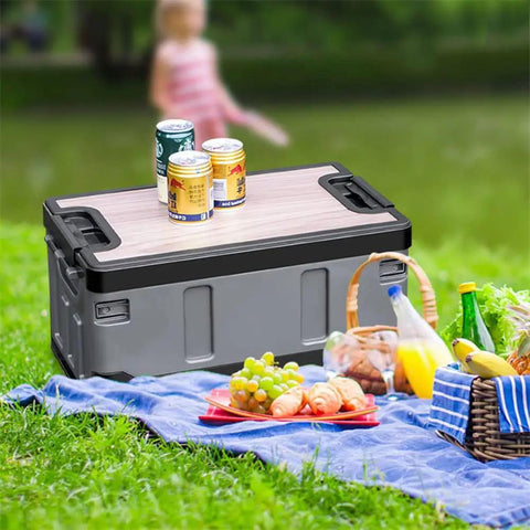 Kickass Folding Tailgate Crate Featuring Heavy Duty Wooden Tabletop Lid And Hella Massive Storage Volume For Smooth Car Camping Gear Organization And Rapid Trunk Setup In Matte Charcoal Black Coating