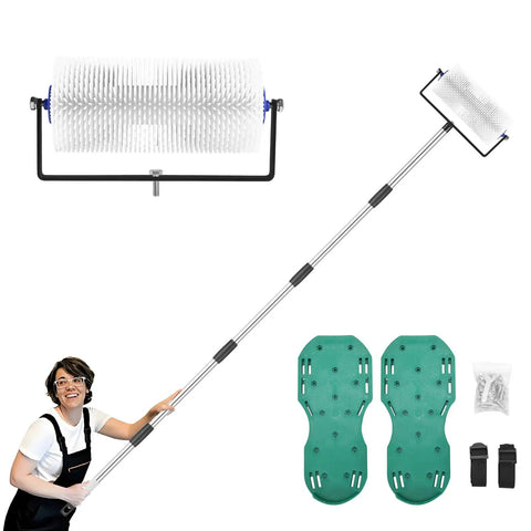 Spike Roller For Self Leveling Cement Kit Featuring A 9 Inch Screed Spiked Roller With A 77 Inch Extension Pole, shoes, screws set