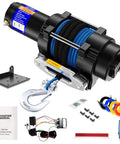 12V 4500lb Electric Winch With Synthetic Rope, ATV UTV Tow Winch Kit showing winch, mounting bracket, wireless remote, and accessories