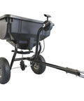 Tow Behind Broadcast Spreader With 85 Lb Capacity For Lawns, 10 Foot Spread, 10 Inch Pneumatic Tires, side view