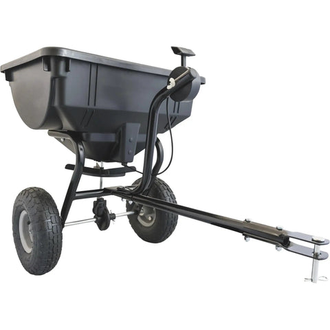 Tow Behind Broadcast Spreader With 85 Lb Capacity For Lawns, 10 Foot Spread, 10 Inch Pneumatic Tires, side view