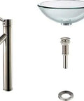 Clear Glass Vessel Sink With Satin Nickel Sheven Faucet, 19mm Thick Tempered Glass Vessel Combo, Solid Brass Faucet With Ceramic Cartridge, Includes Mounting Hardware And Hot And Cold Waterlines, Limited Lifetime Warranty, Modern Bath Update