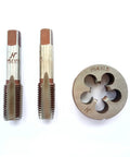 Rugged Right Hand M14 x 1.5 Metric Hand Tap And Die Set showing taper tap, plug tap, and round die