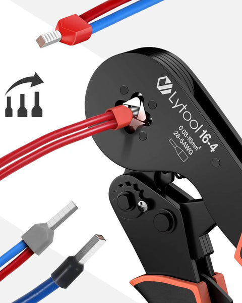 Ferrule Crimping Tool Kit For Wire And Terminal Ferrules, Square Jaw Crimpers With Ratchet, close-up of crimping action