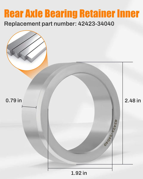 Rear Axle Bearing Retainer Inner Ring Fits Land Cruiser 2008-2021 5.7L V8, Tundra 2007-2022 4.0L-5.7L, LX570 2008-2021, LX600 2022, 42423-34040 Premium Aftermarket, Easy Install, Durable Steel, Long-Lasting Performance with dimensions and part number 42423-34040. Image shows circular steel retainer with detailed measurements.