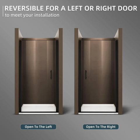 Slick Matte Black Frameless Pivot Shower Door Featuring Thick Clear Tempered Glass And Smooth Reversible Swing Action for installation options