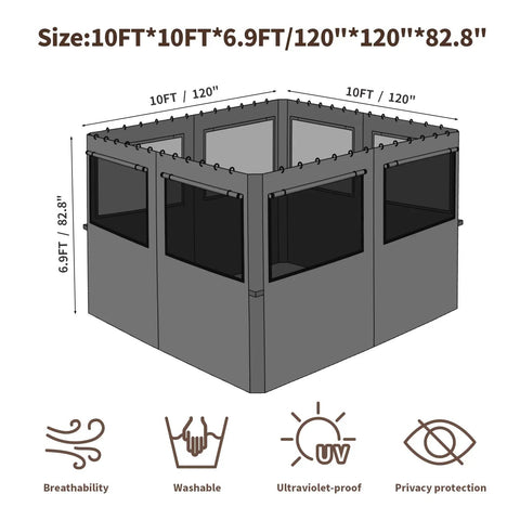10x10 Outdoor Gazebo Privacy Curtain Set With 4 Panels Waterproof Sidewalls With Zippers And Hidden Mesh Windows, black