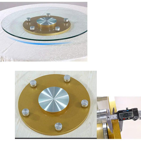 Tempered Glass Swivel Turntable For Dining Table Lazy Susan Rotating Tray with gold base and measuring tool, high temperature resistant.