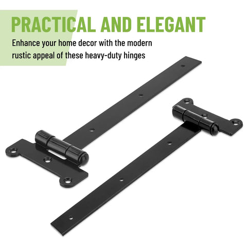 Top Shelf Heavy Duty 24 Inch Gate Hinges 4 Pack, Black Powder Coated Steel Built Hella Tough, Rust Resistant With All Mounting Hardware For A Smooth Swing, close-up view of hinges.