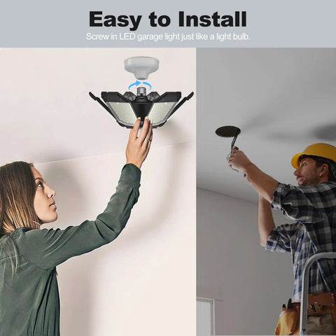 Installation of LED Garage Ceiling Light Beastly Bright 32K Lumens Daylight 6500K, showing E26/E27 socket compatibility.