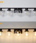 Matte Black Farmhouse 5 Lights Bathroom Vanity Lights With Globe Glass Shades Modern Wall Fixture, off and on view